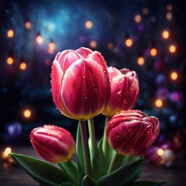 Un bellissimo fiore di tulipano magico con luci magiche sullo sfondo
