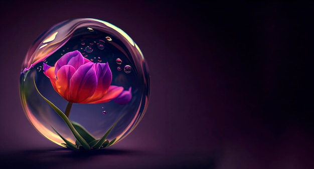 un bellissimo fiore di tulipano viola che nuota in acqua rosa traslucida