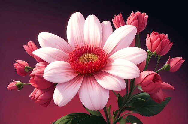 Un bellissimo fiore rosa e bianco simile a una margherita con boccioli rosa più piccoli