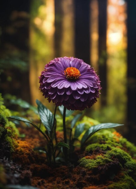 Un bellissimo fiore viola in una foresta buia nello stile di sculture iperrealistiche arancione scuro