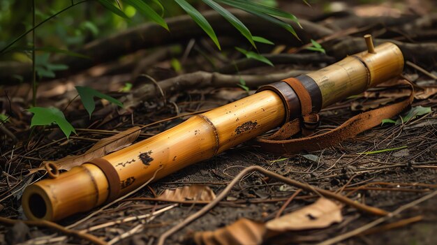 Un bellissimo flauto di bambù fatto a mano giace sul pavimento della foresta circondato da foglie verdi lussureggianti e dalla luce solare macchiata