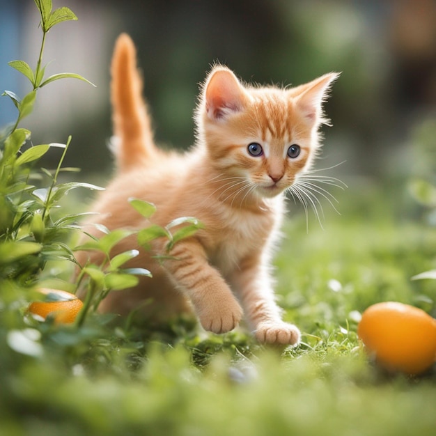 Un bellissimo gattino arancione in giardino