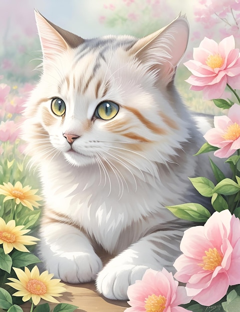 Un bellissimo gattino con dei fiori all'aperto