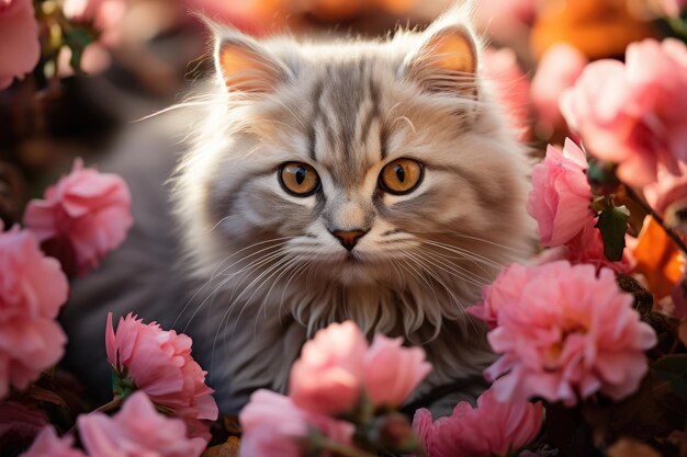 Un bellissimo gattino soffice circondato da fiori