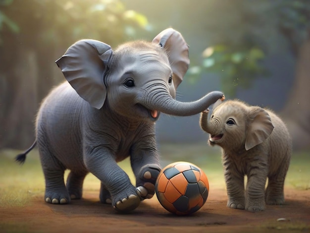 un bellissimo gatto e un bambino elefante che giocano a calcio
