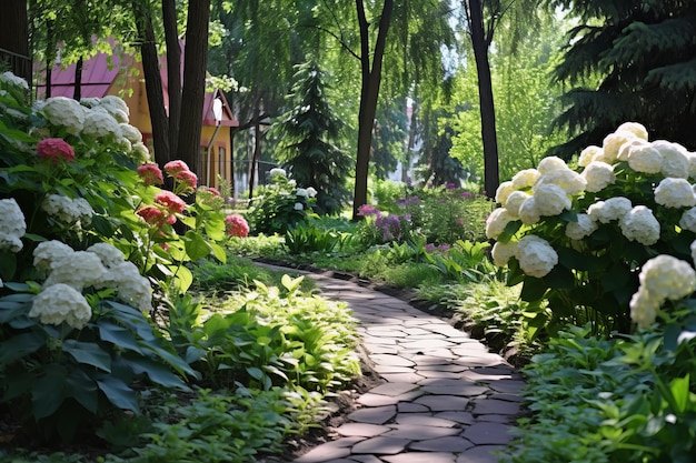 Un bellissimo giardino con un sentiero di pietra e fiori colorati