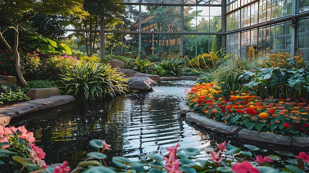 Un bellissimo giardino coperto con uno stagno circondato da lussureggiante verde e fiori colorati il posto perfetto per rilassarsi e godersi la natura