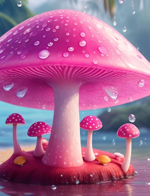 Un bellissimo giardino di funghi colorato e realistico con un bellissimo sfondo generato