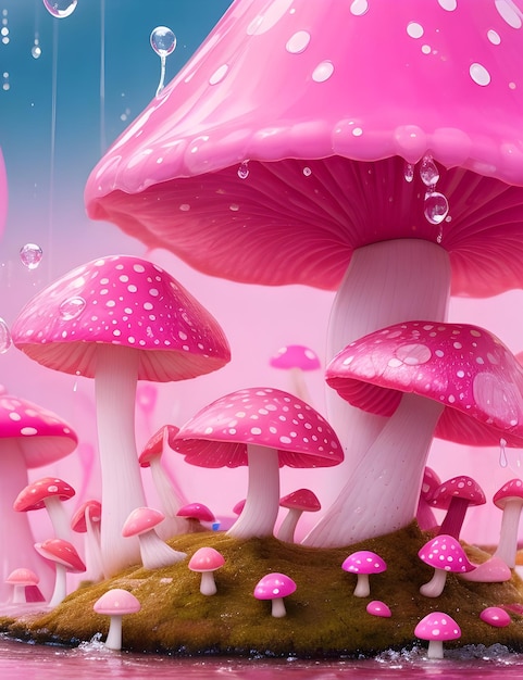 Un bellissimo giardino di funghi colorato e realistico con un bellissimo sfondo generato