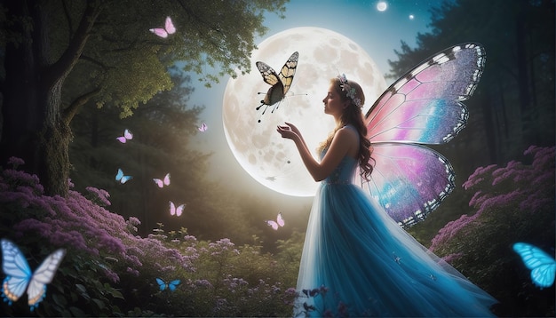 Un bellissimo giardino pieno di farfalle e una fata carina con le ali sotto la luna.