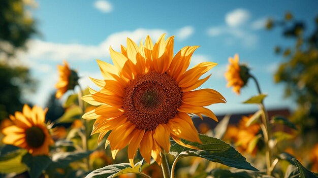 Un bellissimo girasole con foglie verdi con effetto di luce solare dietro del fiore con cielo blu