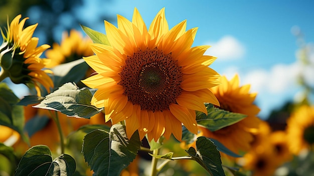 Un bellissimo girasole con foglie verdi con effetto di luce solare dietro del fiore con cielo blu