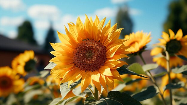 Un bellissimo girasole con foglie verdi con effetto di luce solare dietro del fiore con cielo blu