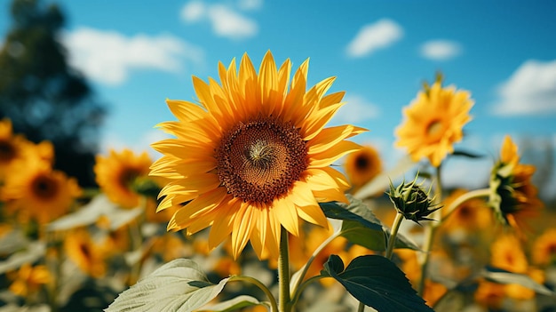 Un bellissimo girasole con foglie verdi con effetto di luce solare dietro del fiore con cielo blu