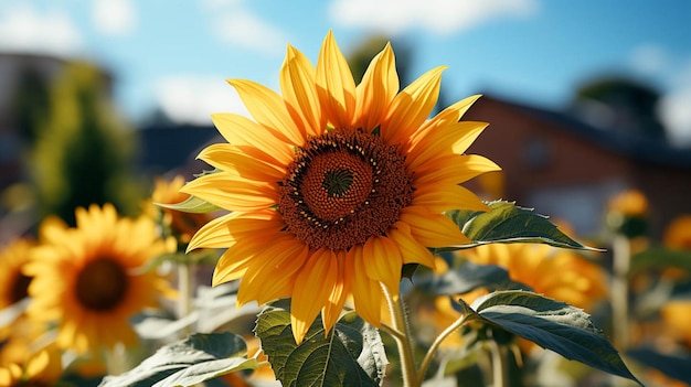 Un bellissimo girasole con foglie verdi con effetto di luce solare dietro del fiore con cielo blu