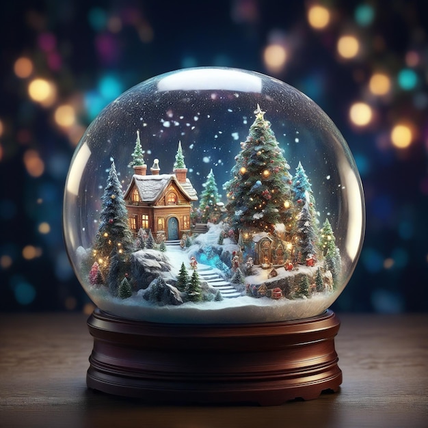 Un bellissimo globo di neve luminoso con una casa di neve invernale e alberi di Natale decorati