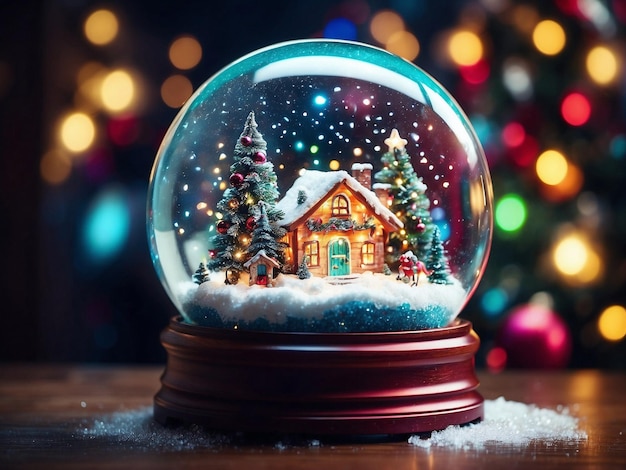 Un bellissimo globo di neve luminoso con una casa di neve invernale e alberi di Natale decorati