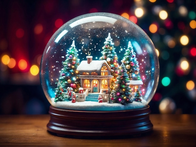 Un bellissimo globo di neve luminoso con una casa di neve invernale e alberi di Natale decorati