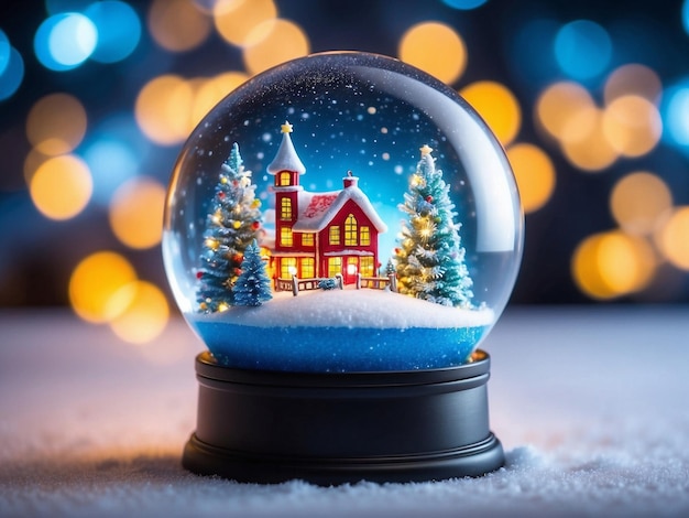 Un bellissimo globo di neve luminoso con una casa di neve invernale e alberi di Natale decorati