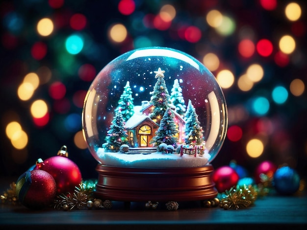 Un bellissimo globo di neve luminoso con una casa di neve invernale e alberi di Natale decorati