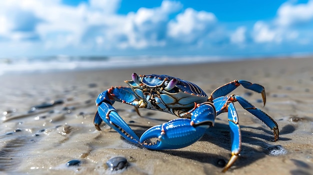 Un bellissimo granchio blu si siede sulla spiaggia con gli artigli stesi il guscio blu del granchio è un abbinamento perfetto per l'oceano blu dietro di lui