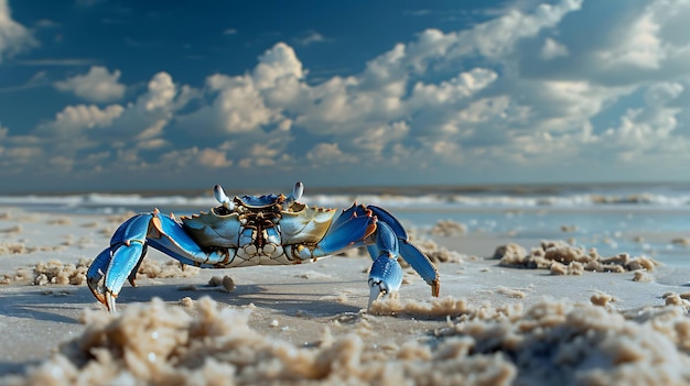 Un bellissimo granchio blu sta sulla spiaggia con gli artigli stesi il granchio è circondato dalla sabbia e l'oceano è sullo sfondo