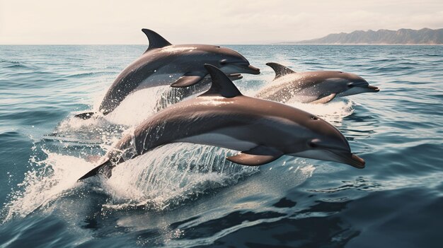 Un bellissimo gruppo di delfini che saltano dal mare