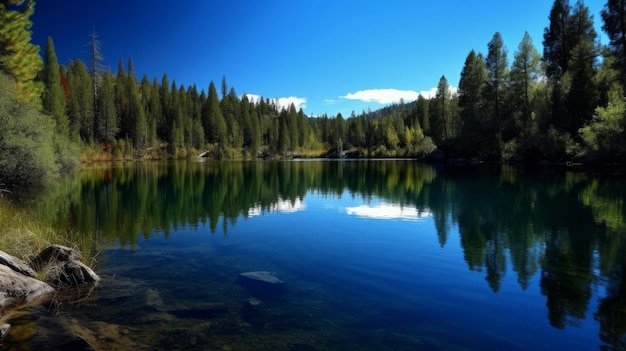 Un bellissimo lago che riflette il cielo blu intenso generato dall'intelligenza artificiale