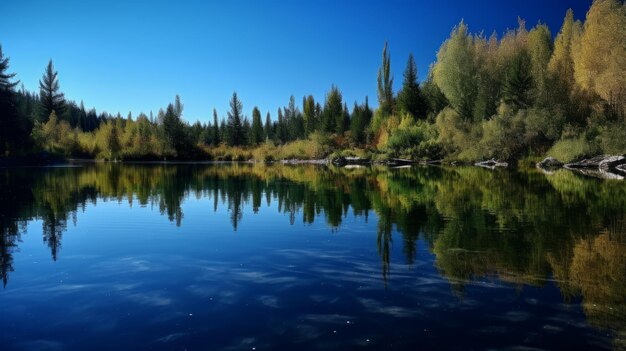 Un bellissimo lago che riflette il cielo blu intenso generato dall'intelligenza artificiale