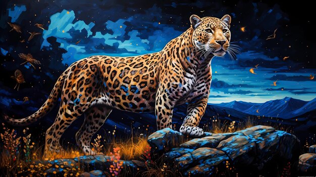 Un bellissimo leopardo in piedi su una roccia