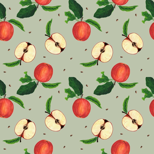 Un bellissimo motivo con mele rosse e mele in una sezione su uno sfondo verde pastello
