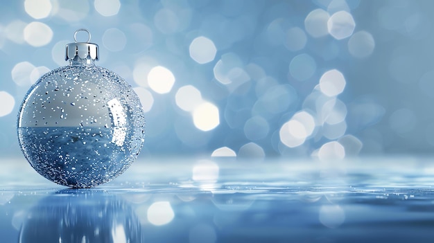 Un bellissimo ornamento di Natale blu con una cima d'argento si trova su una superficie riflettente