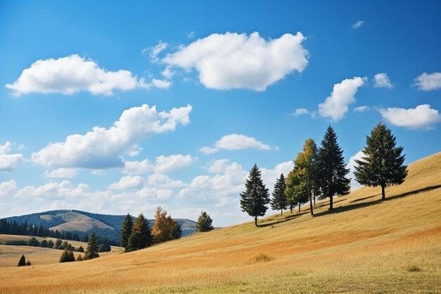 un bellissimo paesaggio con alberi e un cielo azzurro con nuvole.