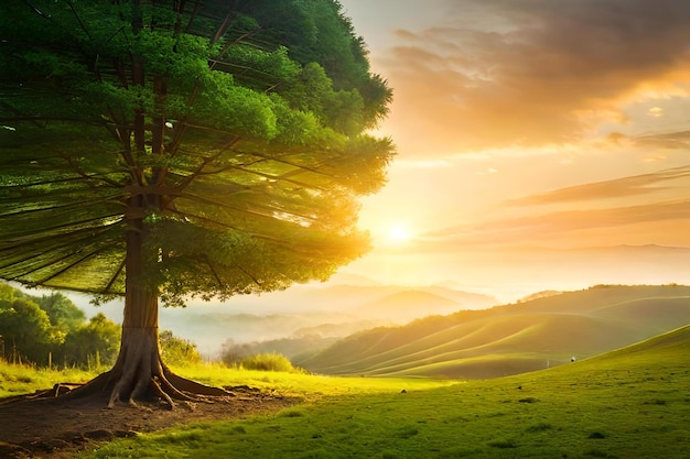 un bellissimo paesaggio con un albero e il sole che tramonta sulle montagne.