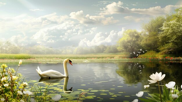 Un bellissimo paesaggio con un cigno che galleggia sul lago