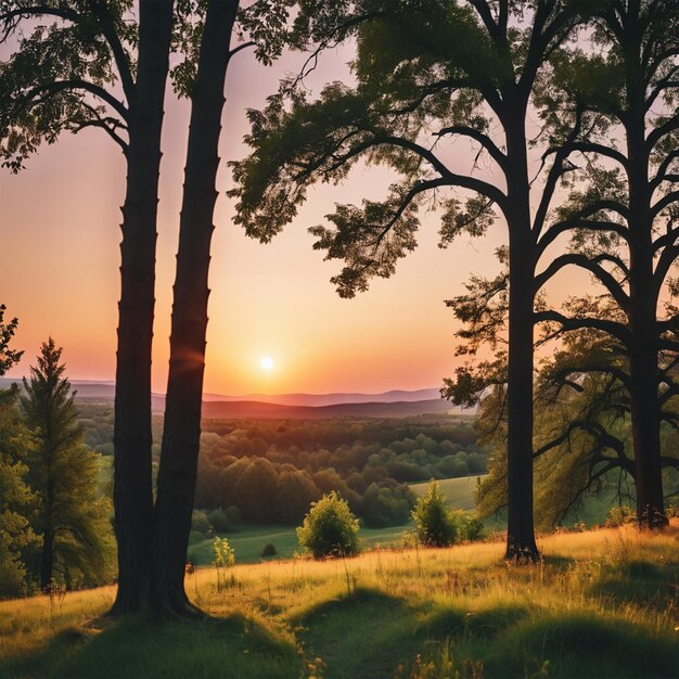 Un bellissimo paesaggio con un tramonto sullo sfondo.