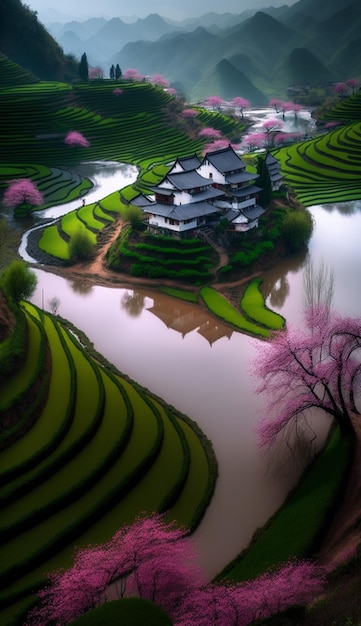 Un bellissimo paesaggio con una casa sulla collina al centro dell'immagine.