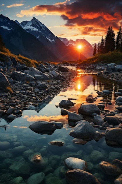 Un bellissimo paesaggio con uno splendido tramonto su un lago tranquillo