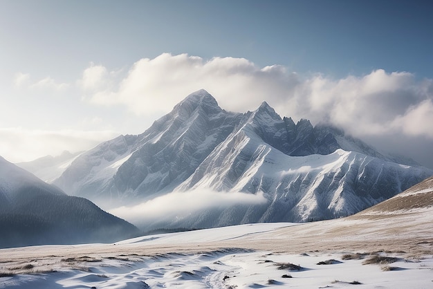 Un bellissimo paesaggio di montagne e colline bianche e trasparenti coperte di neve