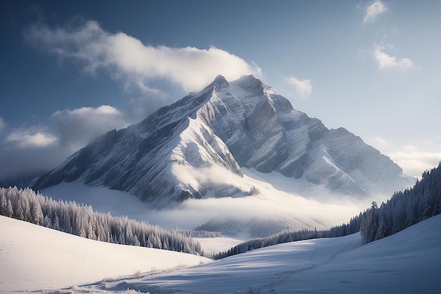 Un bellissimo paesaggio di montagne e colline bianche e trasparenti coperte di neve