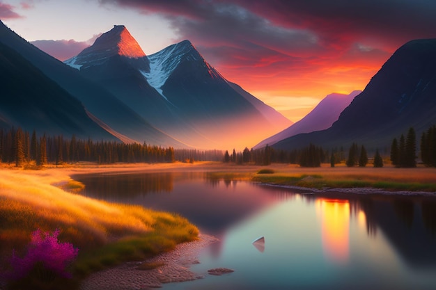 Un bellissimo paesaggio montano con un lago e montagne sullo sfondo.