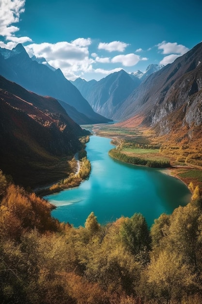 Un bellissimo paesaggio montano con un lago in primo piano e un lago blu sullo sfondo.