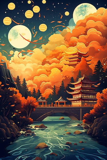 un bellissimo paesaggio notturno con una pagoda e un ponte.