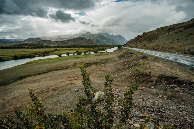 Un bellissimo paesaggio siberiano con un fiume sullo sfondo di montagne nella Repubblica dell'Altai