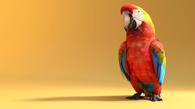 Un bellissimo pappagallo macao scarlatto isolato su uno sfondo giallo Il pappagallo è in piedi e guarda la telecamera