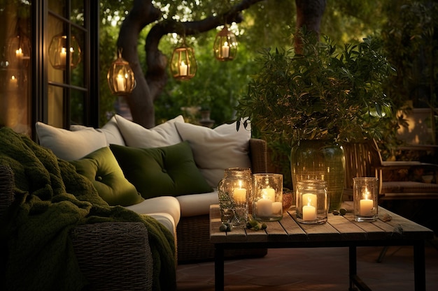 Un bellissimo patio accogliente con ornamenti verdi giardino verde naturale
