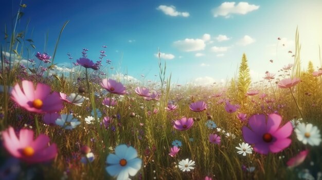 Un bellissimo prato fiorito in primavera o in estate concetto di natura IA generativa