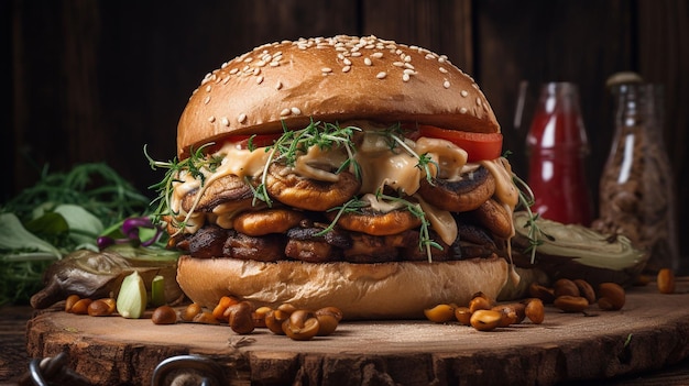 Un bellissimo primo piano di un delizioso hamburger ben decorato fatto con l'IA generativa