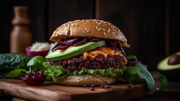 Un bellissimo primo piano di un delizioso hamburger ben decorato fatto con l'IA generativa