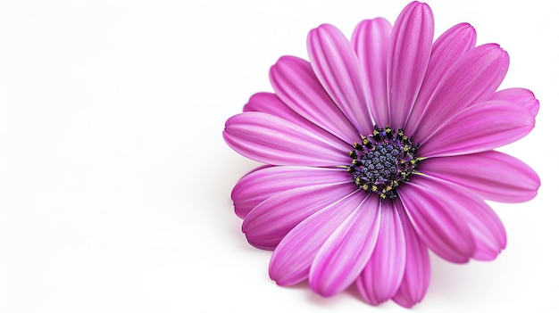 Un bellissimo primo piano di un fiore viola Osteospermum in piena fioritura su uno sfondo bianco morbido